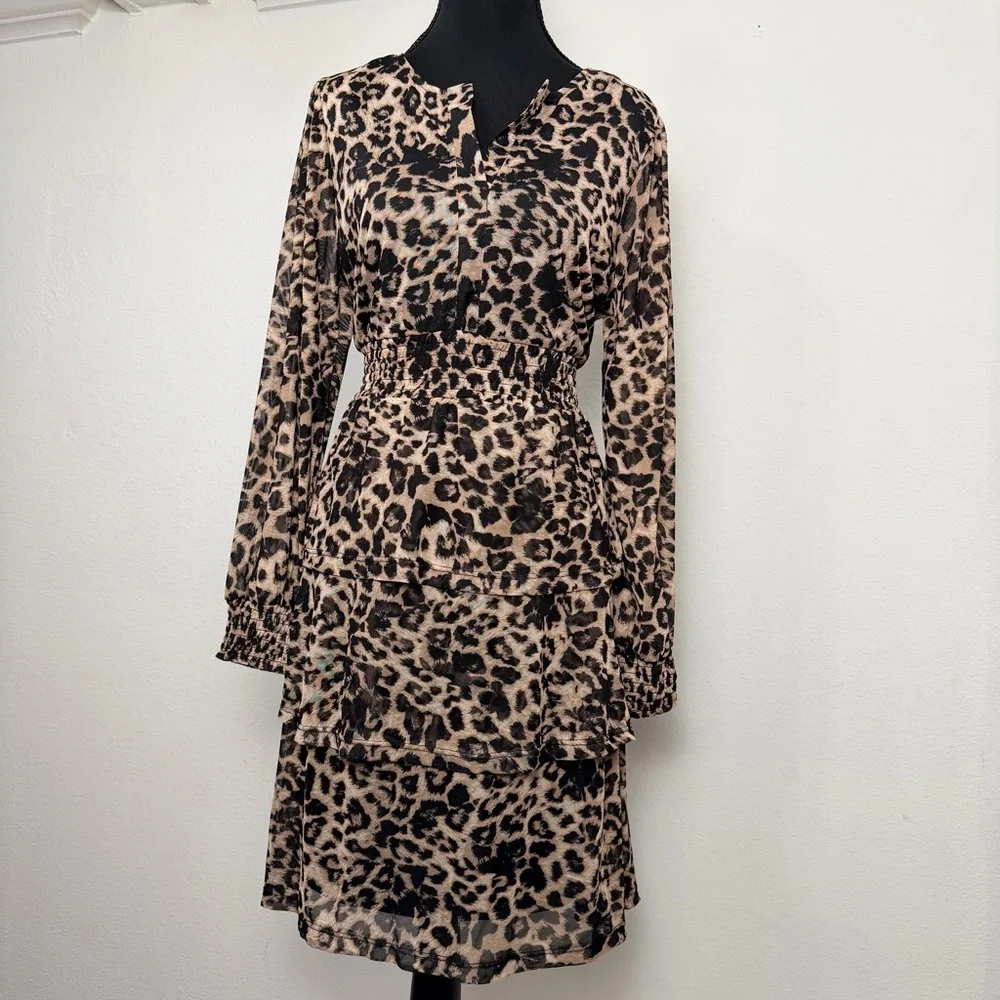 Badgley Mischka Leopard Print‎ Long Sleeve Dress size PL